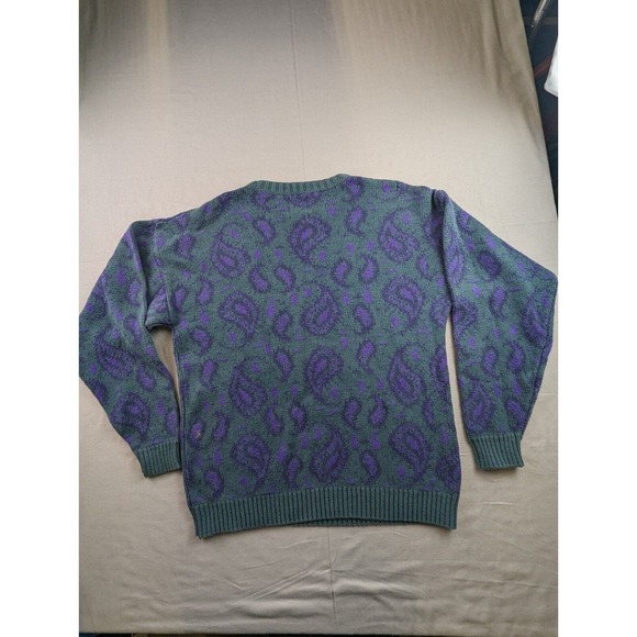 Vintage 90s Men's Large Sweater Paisley Print Retro Geek Chic Teal Purple - Picture 14 of 16